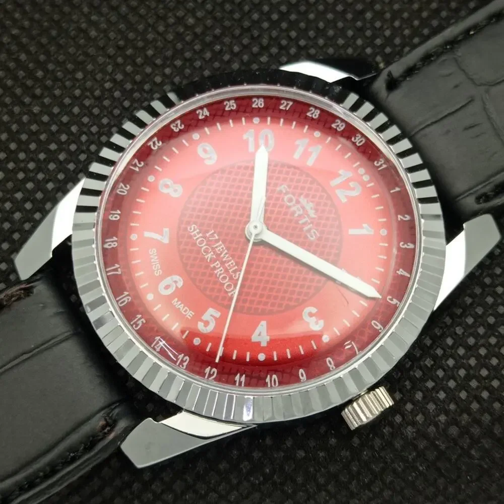 Vintage 1976 Fortis Manual Mens Silver Watch W/Leather Strap & Red accents